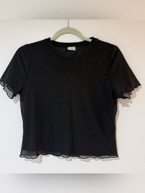 Black Sheer Short Sleeve Tee with Lettuce Hem